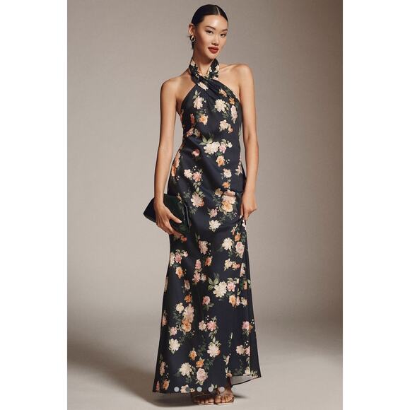 Anthropologie X Bhldn Ruby Twist Halter Satin Gown Navy Size 14 NWT
